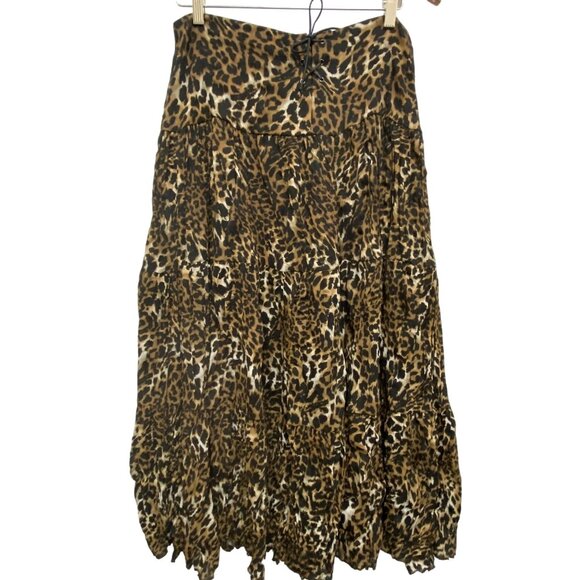 Western Boho Chic Cowgirl Multi Tiered Leopard Long Skirt Elastic Waist 12 VTG - Picture 1 of 11